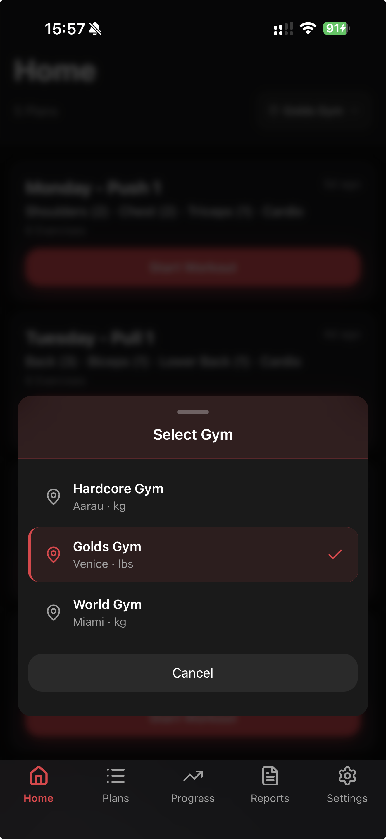 GymPsycho Gym Picker showing three gyms - Hardcore Gym, Golds Gym with lbs units selected, and World Gym - demonstrating multi-gym support with separate settings per location