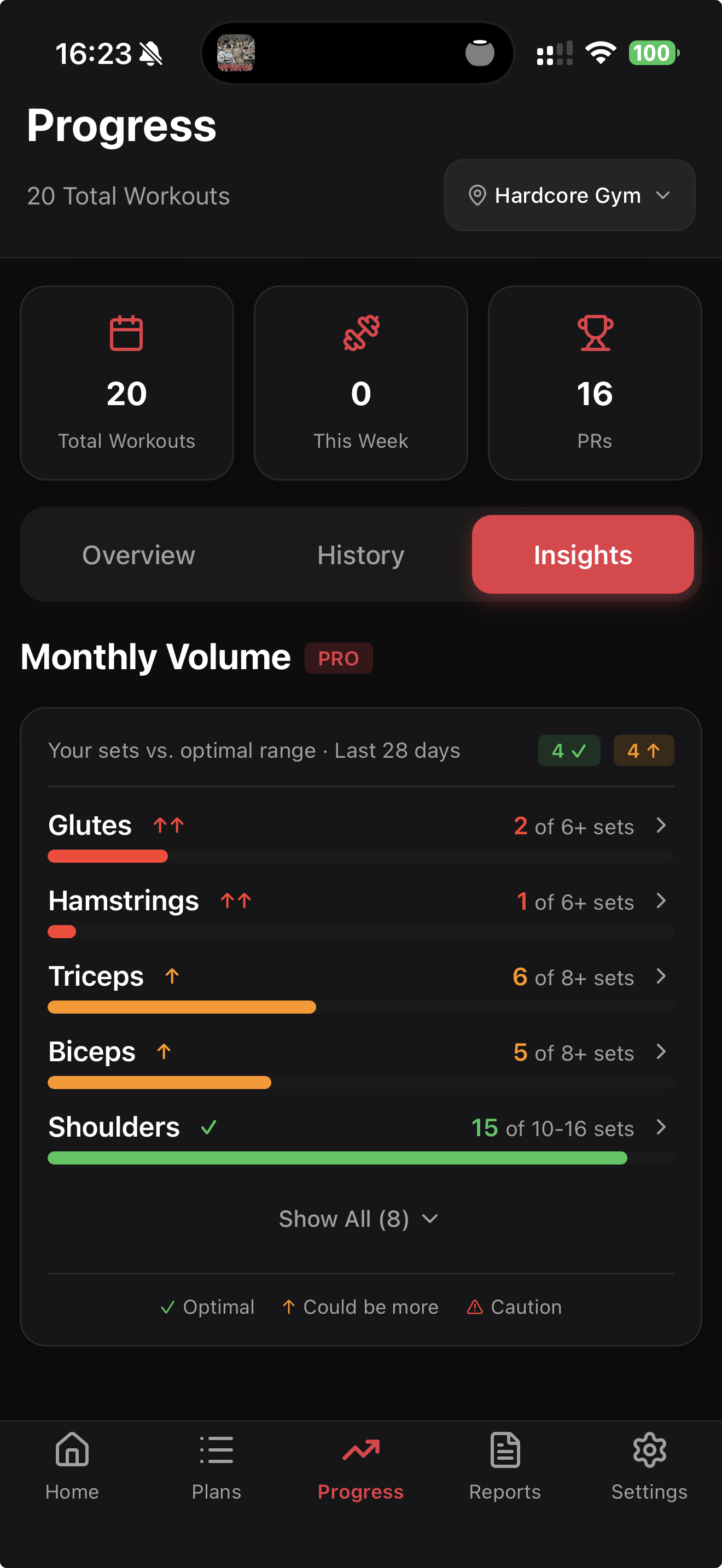 GymPsycho Progress Screen with Monthly Volume tracking showing muscle groups like Glutes, Hamstrings, Triceps, Biceps with color-coded progress bars indicating optimal training volume based on MEV MAV MRV science