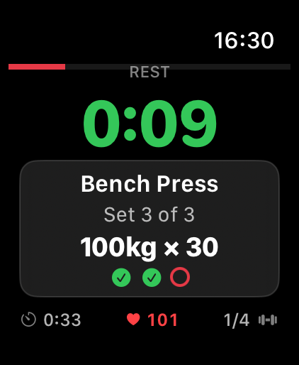 GymPsycho Apple Watch showing active workout with Bench Press Set 3 of 3, 100kg x 30 reps, rest timer at 0:09, heart rate 101 BPM