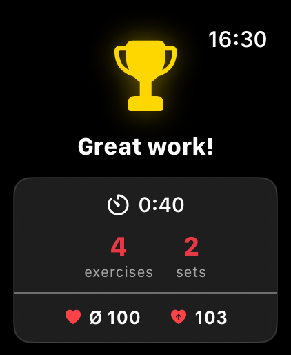 GymPsycho Apple Watch workout complete screen showing Great work message with golden trophy, 40 minutes duration, 4 exercises, heart rate stats